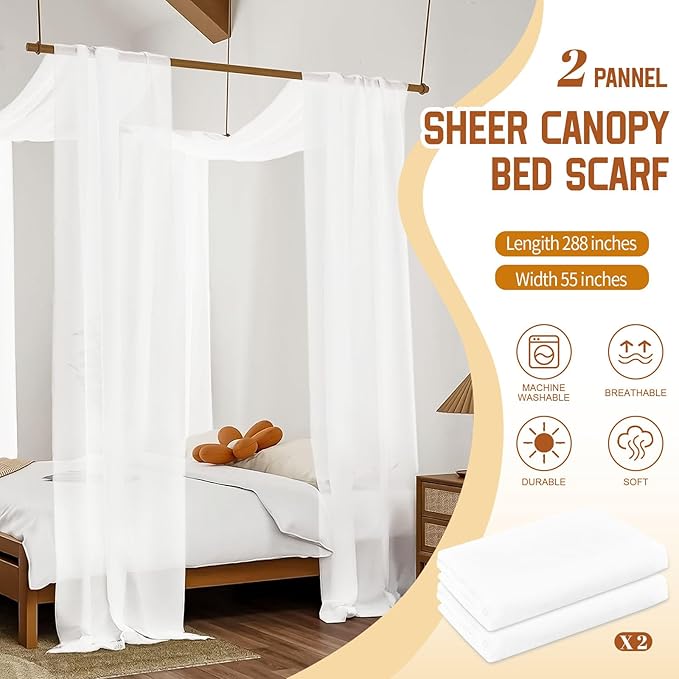 Showgeous 2 Panels Canopy Curtains White Canopy Bed Curtains 55" x 288" Bed Canopy Scarf for Full/Queen Bed Frame,Queen Canopy Bed Curtains,Sheer Bed Canopy Curtains Drapes Bed Tulle Canopy