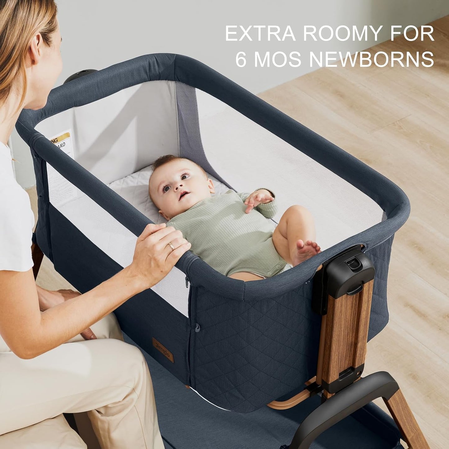 3 in 1 Baby Bassinet, Rocking Bassinets with Comfy Mattress and Wheels, Adjustable Height Bassinet Bedside Sleeper, Easy Folding Portable Crib for Newborn (Navy Blue)