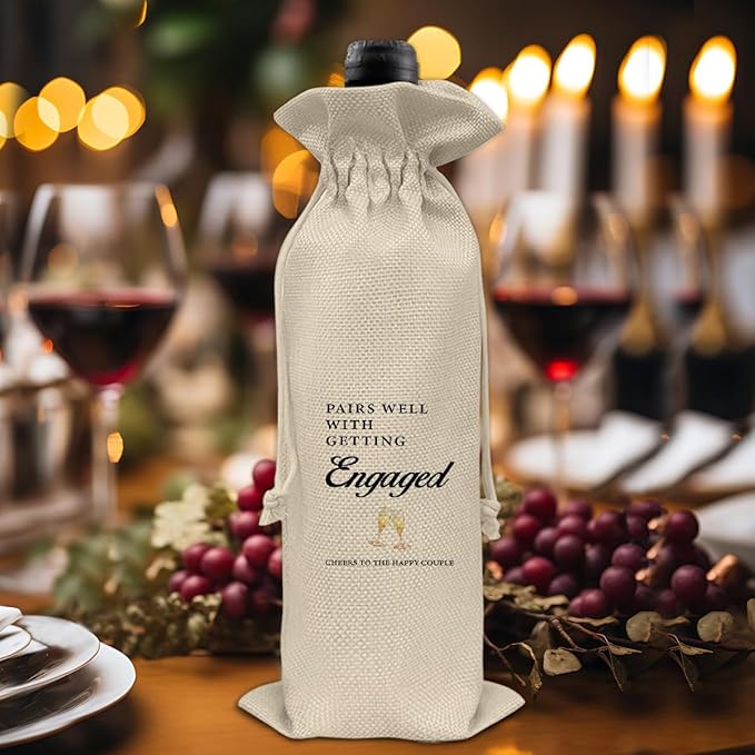 HOIJAUMAI Engagement Gift for New Couples, Engagement Wine Bag Wedding Gift for Mr and Mrs, Pairs Well with Getting Engaged Burlap Drawstring Wine Bag Champagne Wine Gift Bag