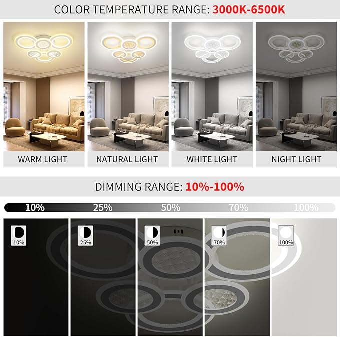 Modern LED Ceiling Light,Dimmable 3000K-6500K 3 Colors Flush Mount Ceiling Lights Fixtures 6 Rings 139W Remote LED Ceiling Lighting for Living Room,Dining Room,Kitchen,Bedroom,Office