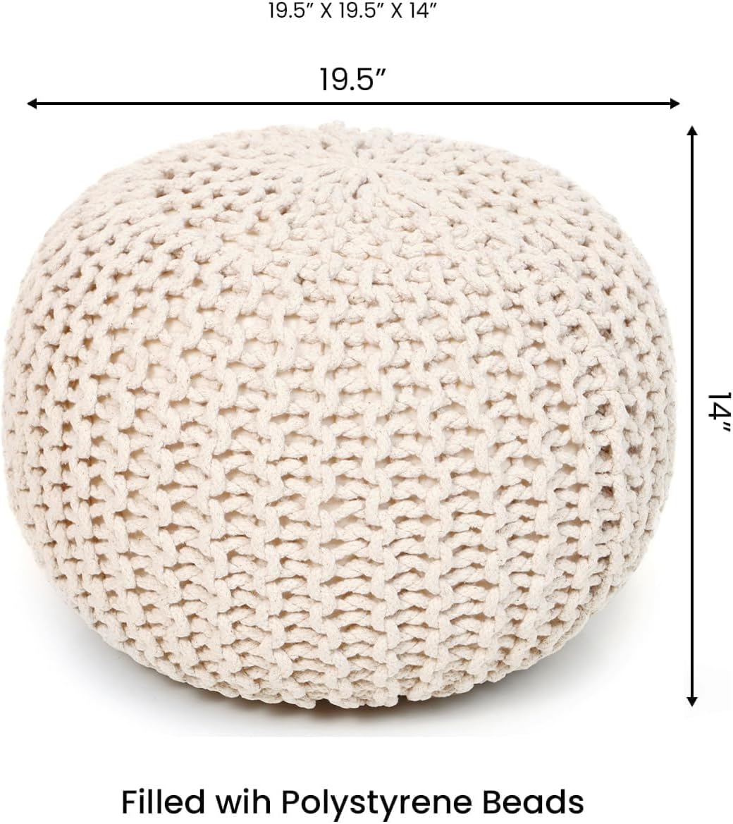 REDEARTH Round Pouf Ottoman - Cable Knitted Boho Poof - Home Décor Cord Pouffe Handmade Circular Footrest for Living Room - Bedroom - Kids Bedroom - 100% Cotton Pouf (19.5"x19.5"x14") - Natural