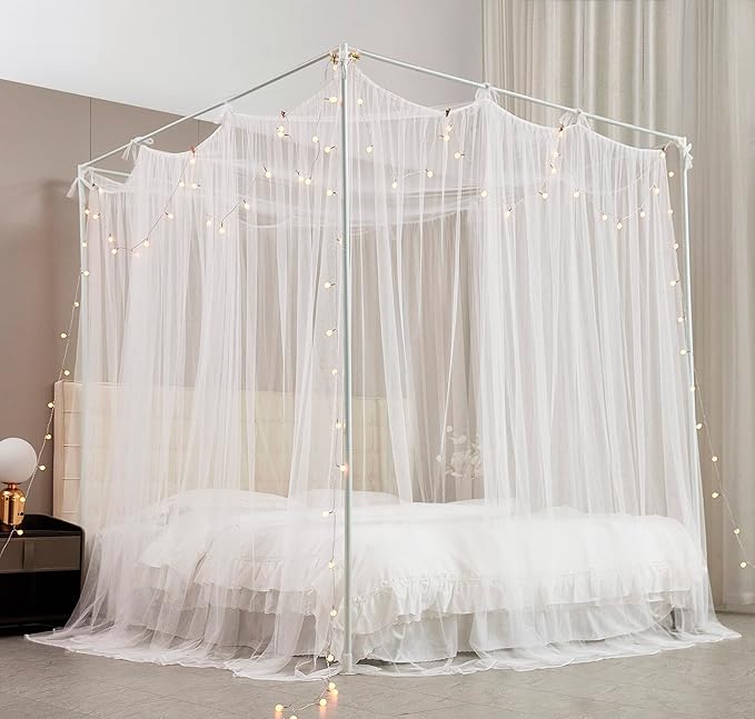Mengersi Canopy Bed Curtains Bed Canopy with Lights for Girls, Bed Netting Unique Style 4 Door Mosquito Net for Adults Women Bedroom (White+Lights, Full/Queen)