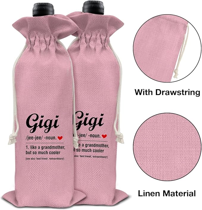HOIJAUMAI Gigi Gifts for Grandma, Grandma Gift From Granddaughter Grandson, Grandma Wine Bag Gigi Definition Wine Gift Bags (Pink)
