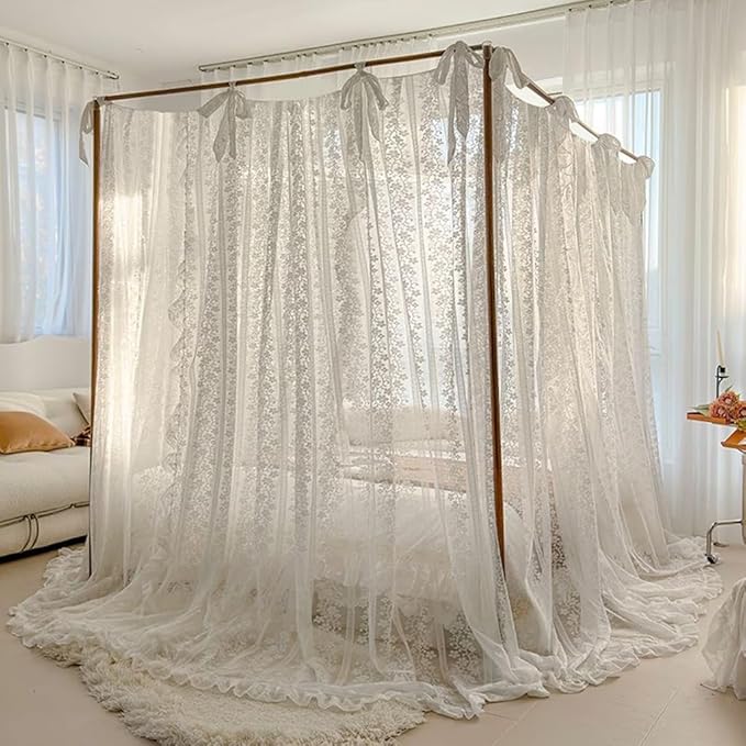 Elegant Princess 4 Corner Post Mosquito Net Romantic for Girls Women Bed Curtain Canopy for Adult Wedding Bedroom Kids Rooms Decoration (Type2-White-Flower, King)