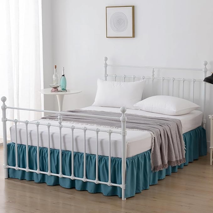 Bed Skirt King Size Ruffled Bed Skirts with Split Corners, 14 Inch Drop Dust Ruffle Bed Skirt with Platform, Teal Blue, 14'' King
