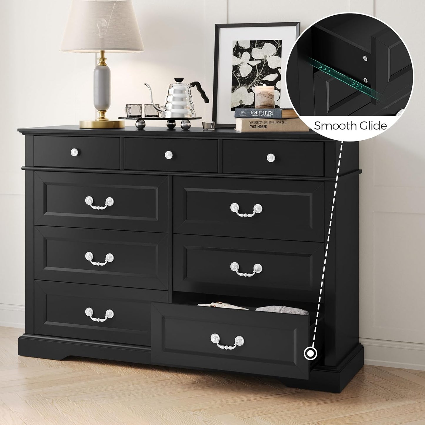 LINSY HOME 9 Drawers Dresser for Bedroom, Wood Modern Farmhouse Drawer Chest, Tall Black Dresser for Closet, Large Dressers with Storage Organizer for Living Room, Closet, Hallway