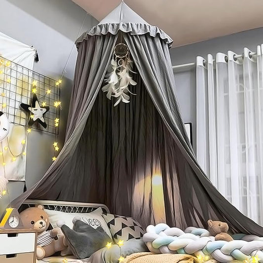 Upgrade Version of Canopy for Kids Bed, Extra Large Canopy for Girls Room Decoration Princess Castle Play Tent Hanging House, Dreamy Canopy for Children Room Reading Nook Canopies (Gray Ruffle)