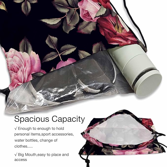 Gym Backpack Floral Pattern Red Pink White Rose Peony Flower Leaf Romantic Drawstring Backpack for Dance Gym Sports Soccer Basketball Running 14x16.9 Inch