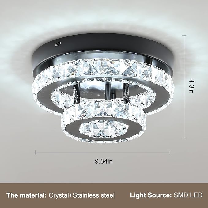 Modern Crystal Chandelier Black Flush Mount Ceiling Light Surface Mount Led Ceiling Light Mini Bedroom Ceiling Lights Indoor 9.8" Diameter Mini Crystal Chandeliers Black 6000K