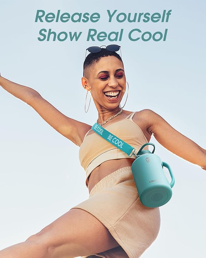 Half Gallon Water Bottle Insulated, Coolflask 64 oz Insulated Stainless Steel Water Jug Metal Double-Walled Vacuum Large Flask With Strap Straw Leakproof, Keep Cold 48 Hrs Hot 24hrs, Green