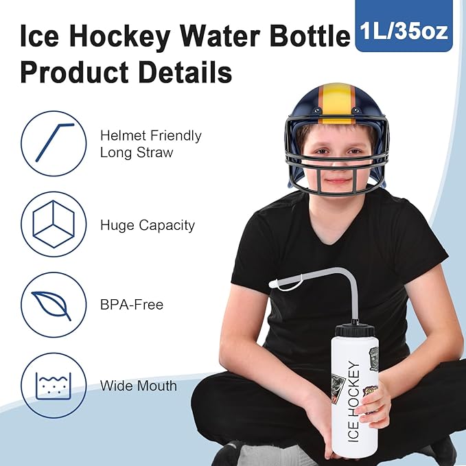 Hockey Gifts for Boys 8-12,Hockey Water Bottle with Long Straw and 50PCS Stickers Accessories Stuff for Player Lovers(1L,Squeeze,BPA-Free)