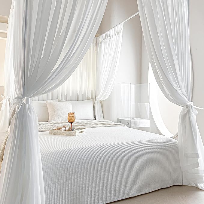 AIKASY Canopy Bed Board with Top and Self-Adhesive Velcro Strips, White Gauze Princess Bed Canopy Curtain Tent, Creating a Romantic Atmosphere in The Room（King/California King，White）