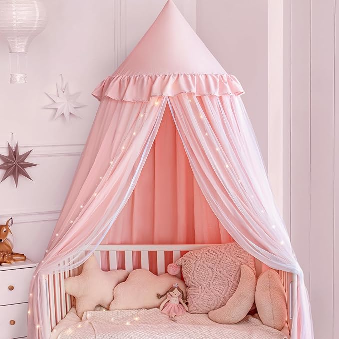 Bed Canopy Drapes, Double Layer Canopies Netting Tent for Bed, Princess Fairy Bed Canopy with String Lights for Girls, Adults, Canopy Bed Curtains Mosquito Net, Pink, 27''x108''