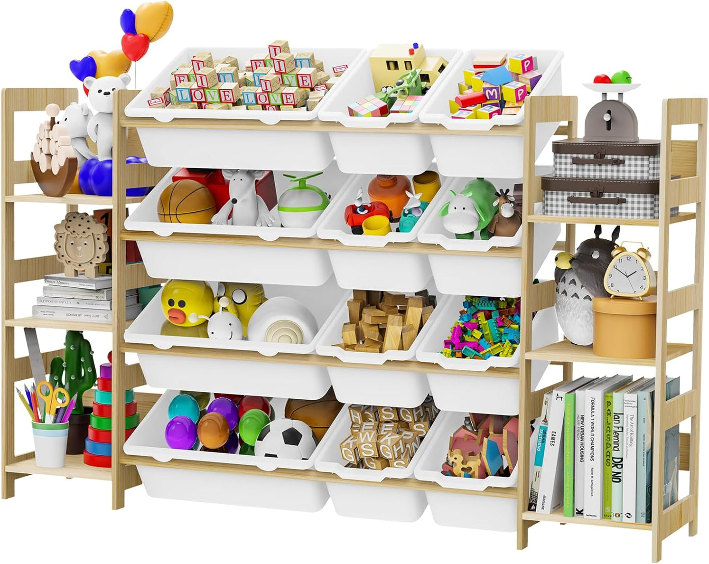 Toy Storage Organizer, with 4-Tier Toy Shelf and 12 Bins, Kids Bookshelf and Toy Storage with 6 Shelves for Kids Room Bedroom Playroom Nursery Room