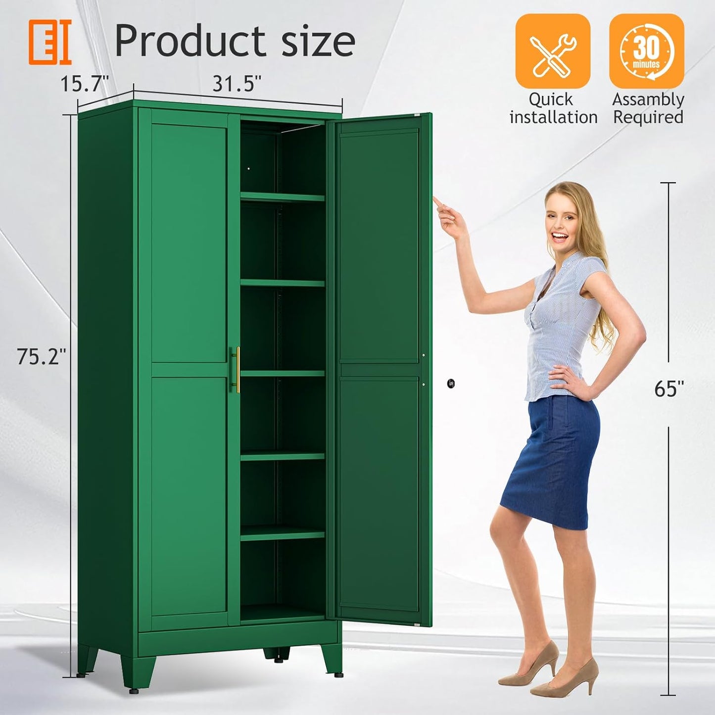 Kitchen Pantry Storage Cabinet with Doors and Adjustable Shelves, Metal ClosetMaid Food Pantry Cabinets, 75" Tall Freestanding Cupboard for Kitchen, Laundry or Utility Room, Green