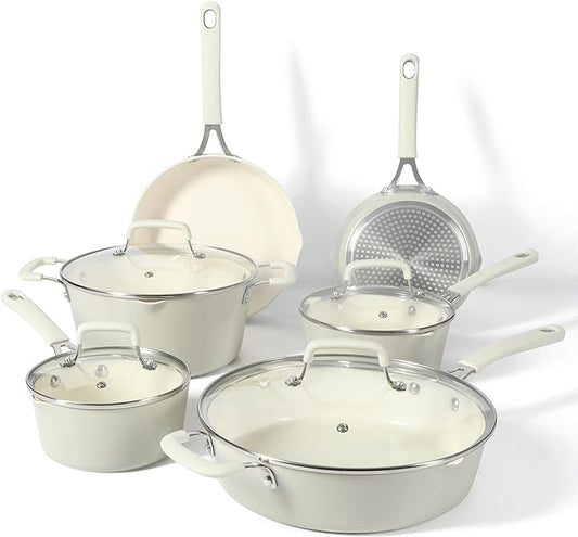 Martha Stewart Heathland Premium Nonstick PFA Free Ceramic Interior 10-Piece Tapered Aluminum Cookware Set - Linen White