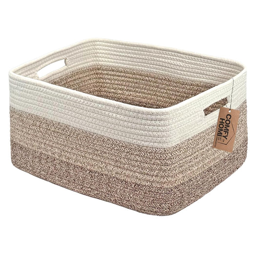 COMFY-HOMI Cotton Rope Woven Basket with Handles for Shelves,Toys,Book, Cloth Storage Baskets for Organizing-17" x 13" x 7.5" Toy Decorative Organizer for Living Room, Bathroom （white/3 brown）