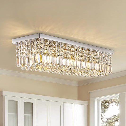 Siljoy Modern Crystal Chandelier 6-Lights Rectangular Flush Mount Pendant Ceiling Light Fixture Rectangle K9 Crystal Raindrop Chandelier for Dining Living Room Kitchen Island L31.5'' x W10'' x H10'