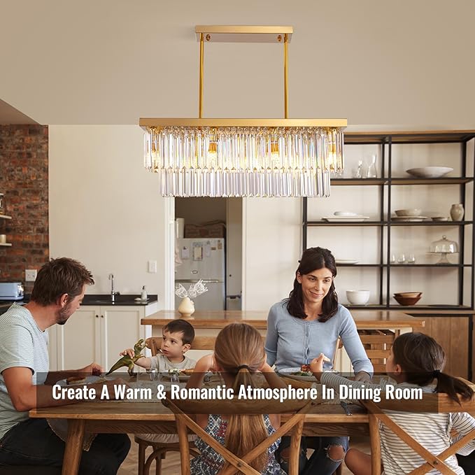 Siljoy 8-Light Modern Crystal Chandelier for Dining Room, Rectangular Gold 2-Tiers Crystal Raindrop Chandelier, Luxury Pendant Ceiling Light for Living Room Kitchen Island L31.5'' x W10'' x H10''