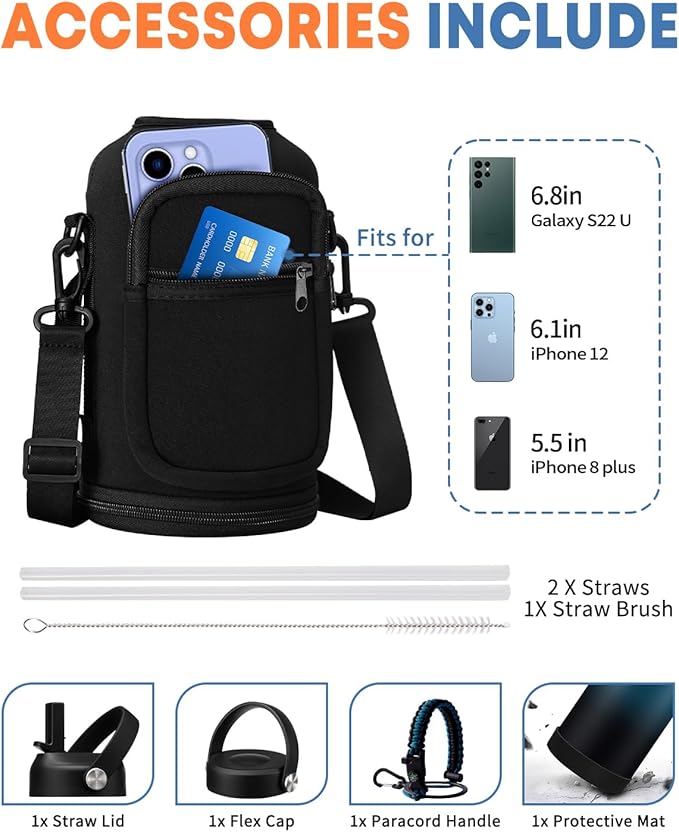 Half Gallon Water-Bottle with Straw - Paracord Handle, Straw & Flex Cap, Keep Ice Cold-48H & Hot-24H, Vacuum Insulated Water Jug with Carrier Bag, Protective Boot, Metal Insulated Water Bottle 64oz