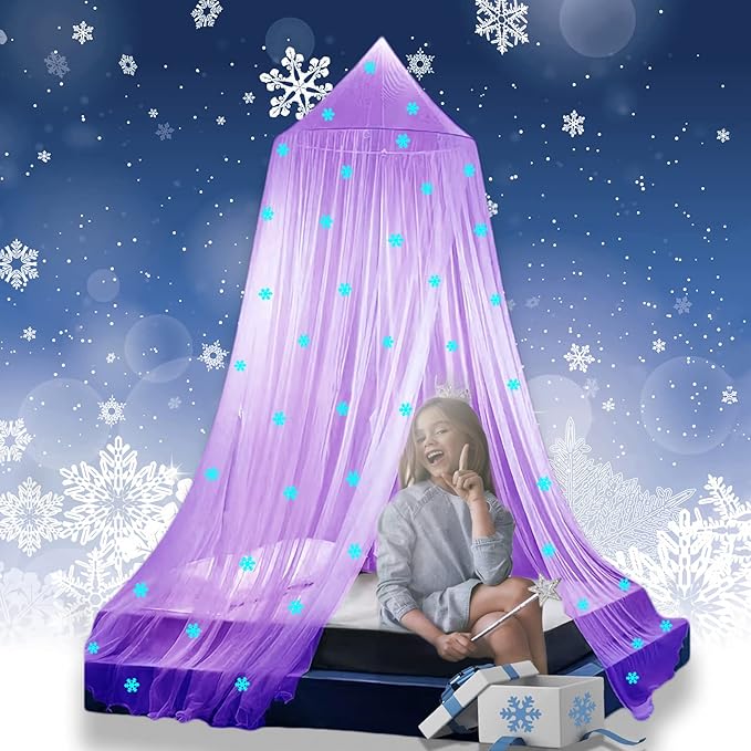 Eimilaly Princess Bed Canopy Glow in The Dark, Christmas Snowflakes Bed Canopy for Girls Room Decor, Encrypted Fabric, Purple