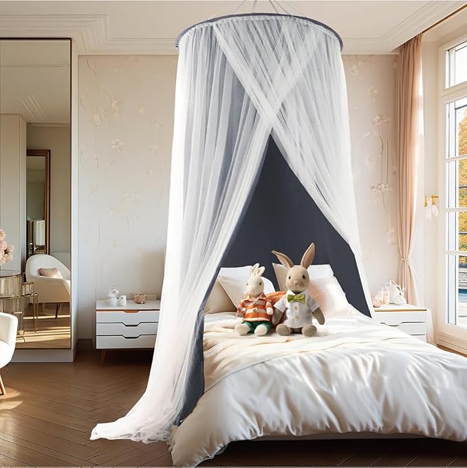 40"x 106" Bed Canopy for Girls & Adults, Double Layer Princess Round Dome Bed Curtain Canopy Drapes, Dreamy Mosquito Net Reading Nook, Bedroom Decoration (Gray)