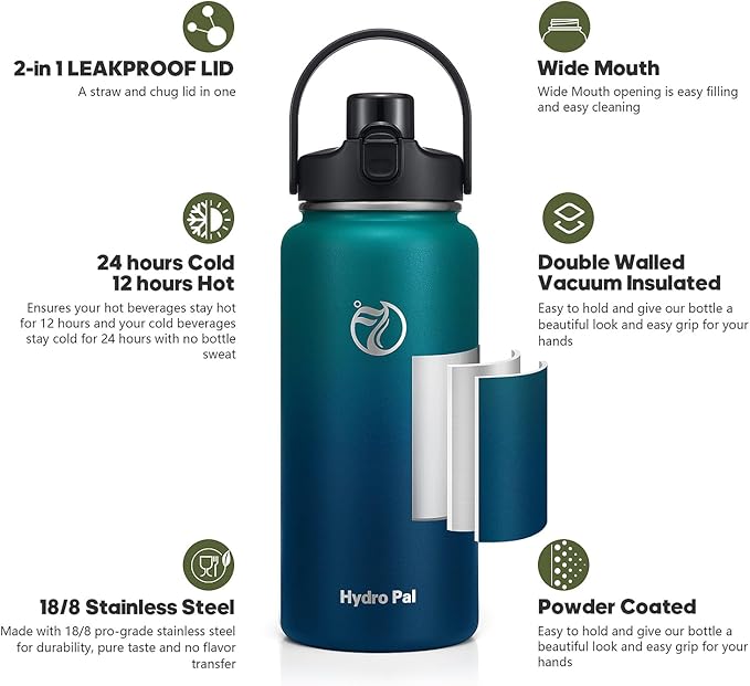 Half Gallon Insulated Water Bottle with 2-in-1 Lid (Chug Lid/Straw Lid), 40/64oz Double Walled Vacuum Stainless Steel Water Bottles, Water Jug with Straw