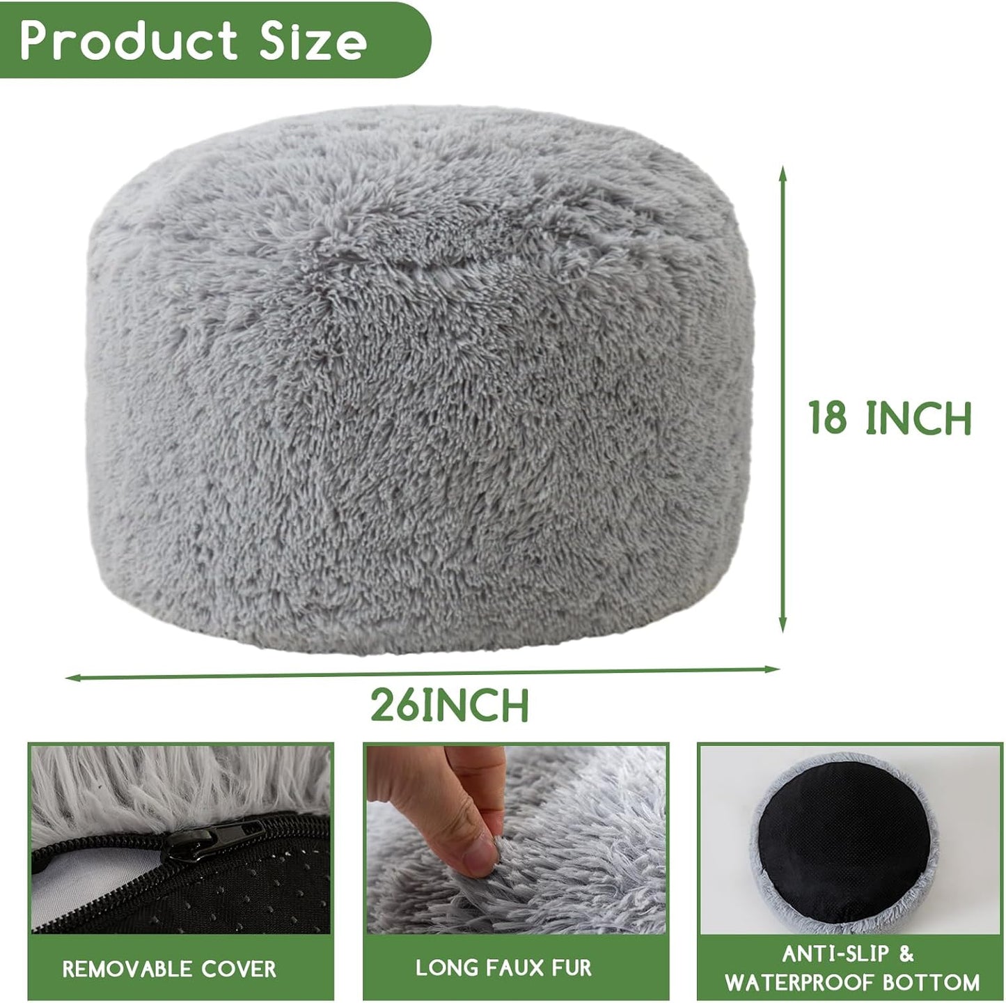 HIGOGOGO Round Stuffed Pouf Ottoman, Long Faux Fur Poufs with Foam Chunk Filling, Fluffy and Furry Pouf Foot Stool Storage Ottoman, 26 X 18 Floor Poufs Foot Rest for Living Room, Light Grey