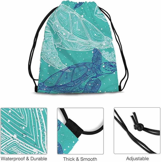Gym Backpack Sea Turtles Volleyball Bag Sports Backpack Marine Life Line Drawing White Bubble Green Background 14x16.9 Inch