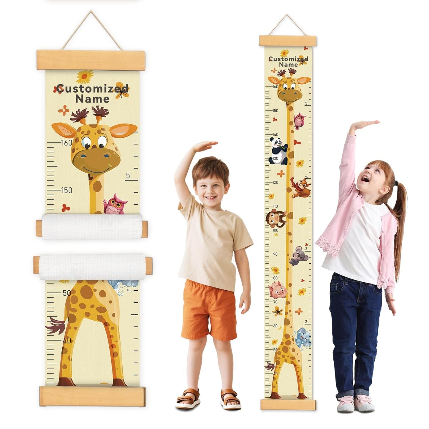 Personalized Name Growth Chart Wall Decor for Kids – Canvas Removable Height Chart Measuring Ruler 59" x 7.9" (Giraffes)