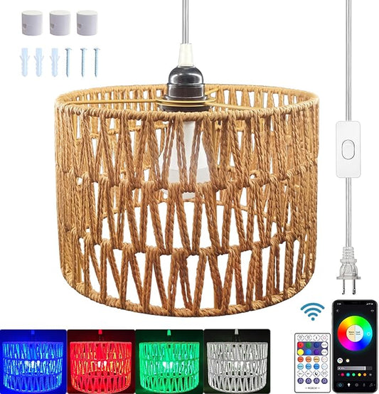 Hanging Lamp Plug in Rattan Hanging Lights with Plug in Cord, Woven Pendant Light with Smart RGB Bulb and Remote Control for Bedroom Living Room Farmhouse Kitchen (‎‎Rattan, Barrel Shade)