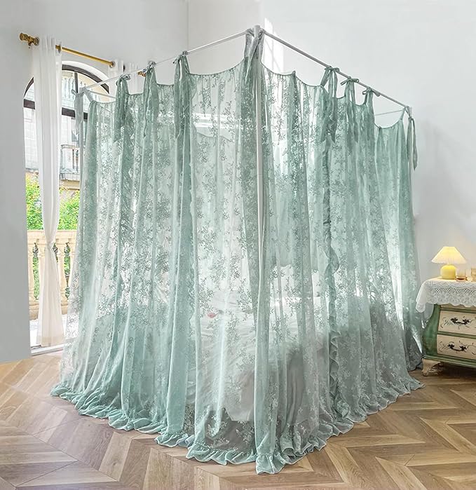 Mengersi Canopy Bed Curtains with Tie Backs,Bed Canopy Curtains Bed Drapes Sheer Lace Curtains for Bedroom Decor（Twin,Sage Green
