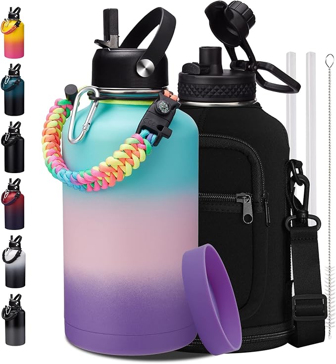 Half Gallon Water Bottle Insulated - 64 oz Water Bottle with Straw Spout Lid, Strap Carrying Sleeve, Paracord Handle, Leak Proof Metal Water Flask for Workout Sport Hiking Gym, Hydro Jug Thermo Mug