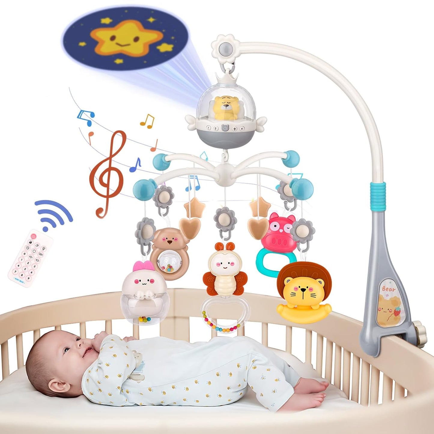 nicknack Baby Crib Mobile with Music and Light, Musical Nursery Mobile for Infants Newborn Gift 0-12 Months, Babies Bassinet Mobile with Remote Control