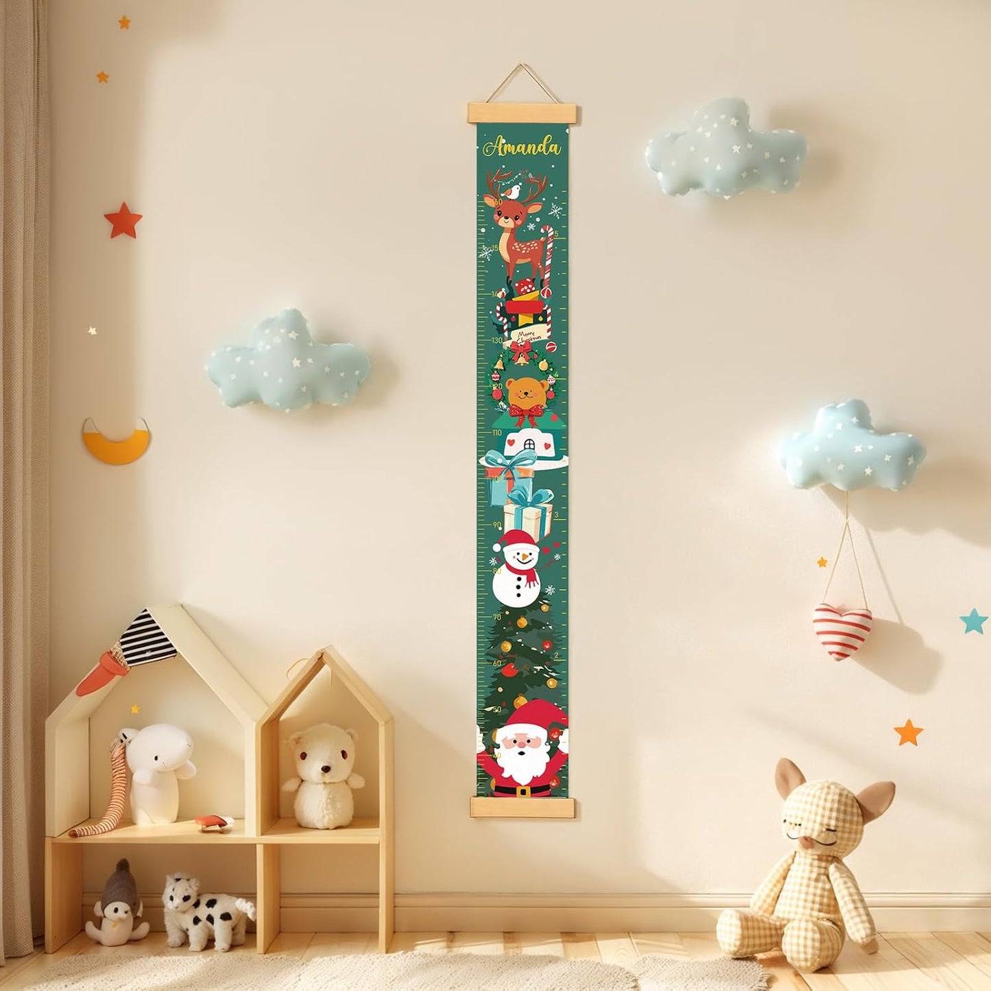 Personalized Name Growth Chart Wall Decor for Kids – Canvas Removable Height Chart Measuring Ruler 59" x 7.9" （Christmas Deer）