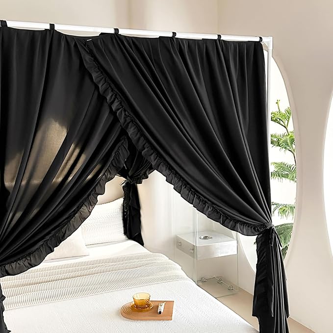 AIKASY Princess Canopy Bed Curtains with Top Ties - Windproof & Lightproof for Girls' Adult Bedroom Decor | Bed Canopy Drapes (Queen,Black)