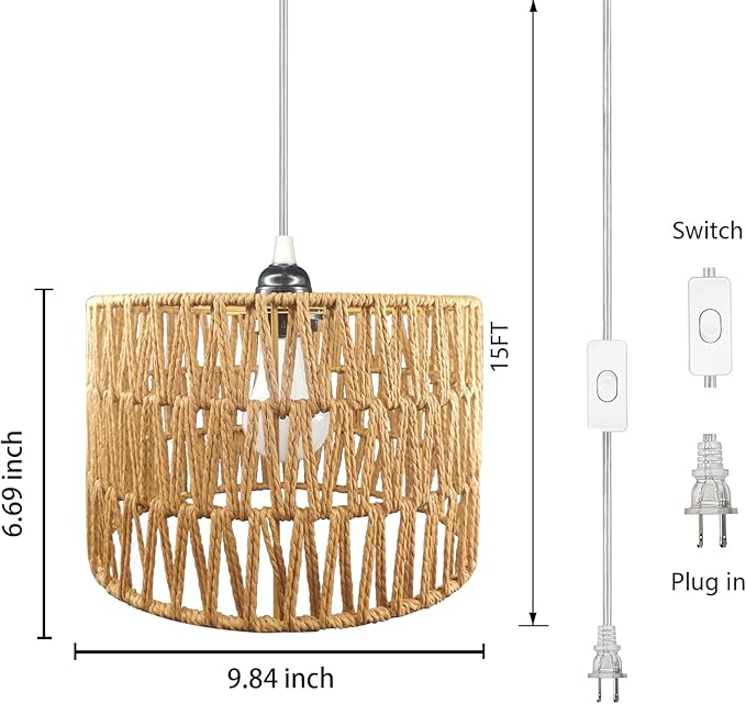 Hanging Lamp Plug in Rattan Hanging Lights with Plug in Cord, Woven Pendant Light with Smart RGB Bulb and Remote Control for Bedroom Living Room Farmhouse Kitchen (‎‎Rattan, Barrel Shade)
