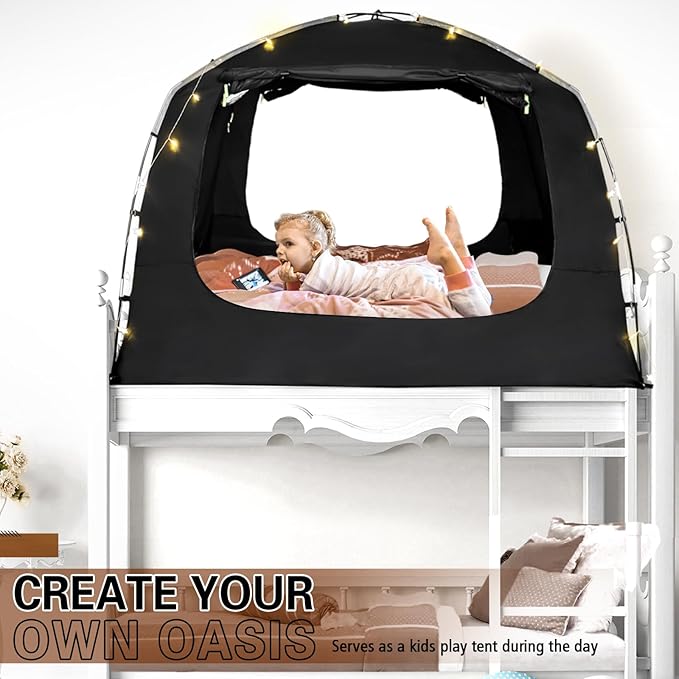 Bed Tent Bed Canopy Portable Full Size Dream Tents 4 Doors 4 Mesh 80% Blackout - Indoor Breathable Sleeping Tents Privacy Space Tents for Adult with String Light