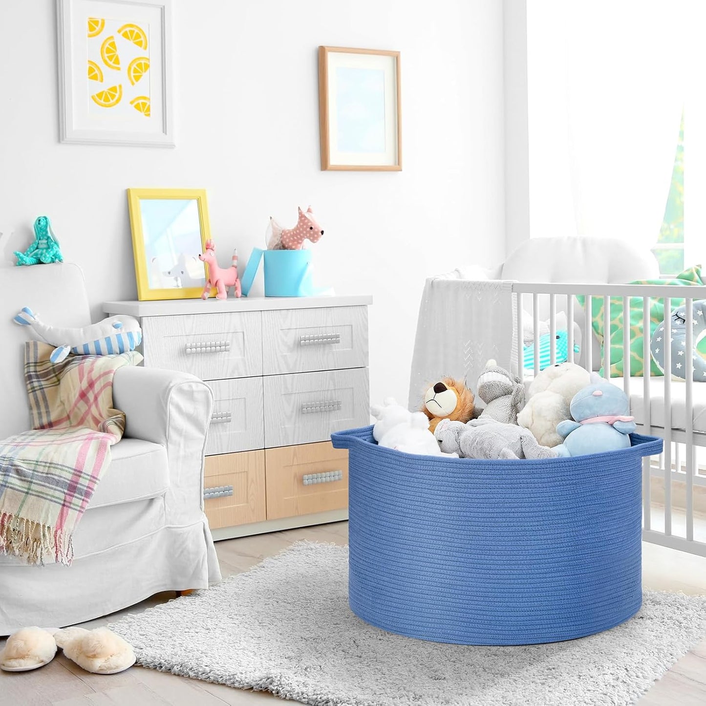 Ravinte Large Storage Basket - 22"x 22"x 14" Blanket Basket for Living Room, Baby Toy Storage Basket, Cotton Rope Basket Woven Laundry Basket (Blue)