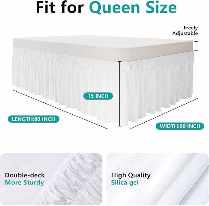 WVM Wrap Around Ruffled Dust Ruffle Bed Skirt with 15" Long Drop for Queen Bed, Feature White Adjustable Buckles, Easy to Install, Wrinkle-Resistant, Fade-Resistant, Soft, Stylish, Machine Washable
