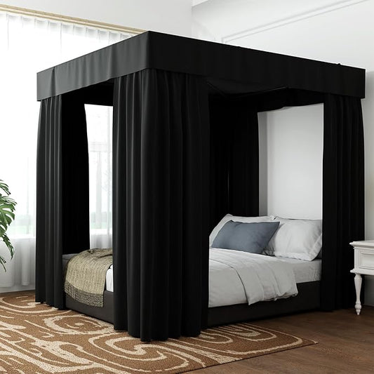 Hvqic Black Canopy Bed Curtains - 4 Corner Post Bed Curtains Queen Bed Curtains Lightproof Drapes Bed Canopy for Adults & Girls Bedroom Decoration (Queen,Black)