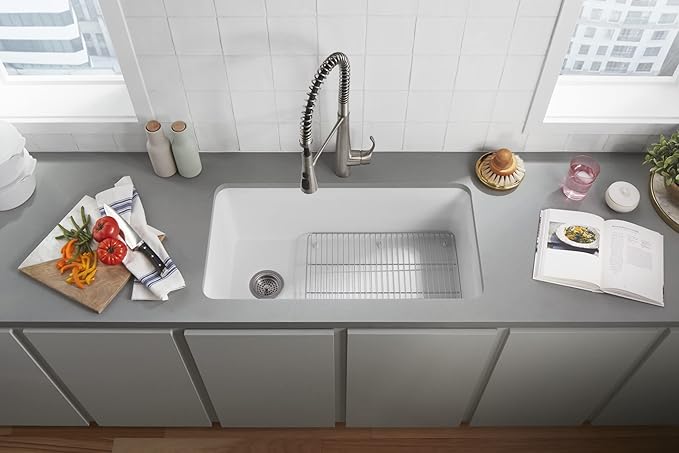 KOHLER 8206-CM6 Cairn 33-1/2" Undermount Single-Bowl Kitchen Sink, Neoroc Composite Kitchen Sink, Single-Bowl Sink with Bottom Sink Rack, Matte White