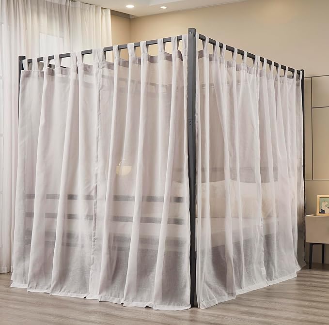 Mengersi Linen Canopy Bed Curtains for Twin,Full,Queen and King Size Bed,Bed Canopy Natural Blended Curtain Panels, 8 Panels Set (All Bed Sizes, Gray)