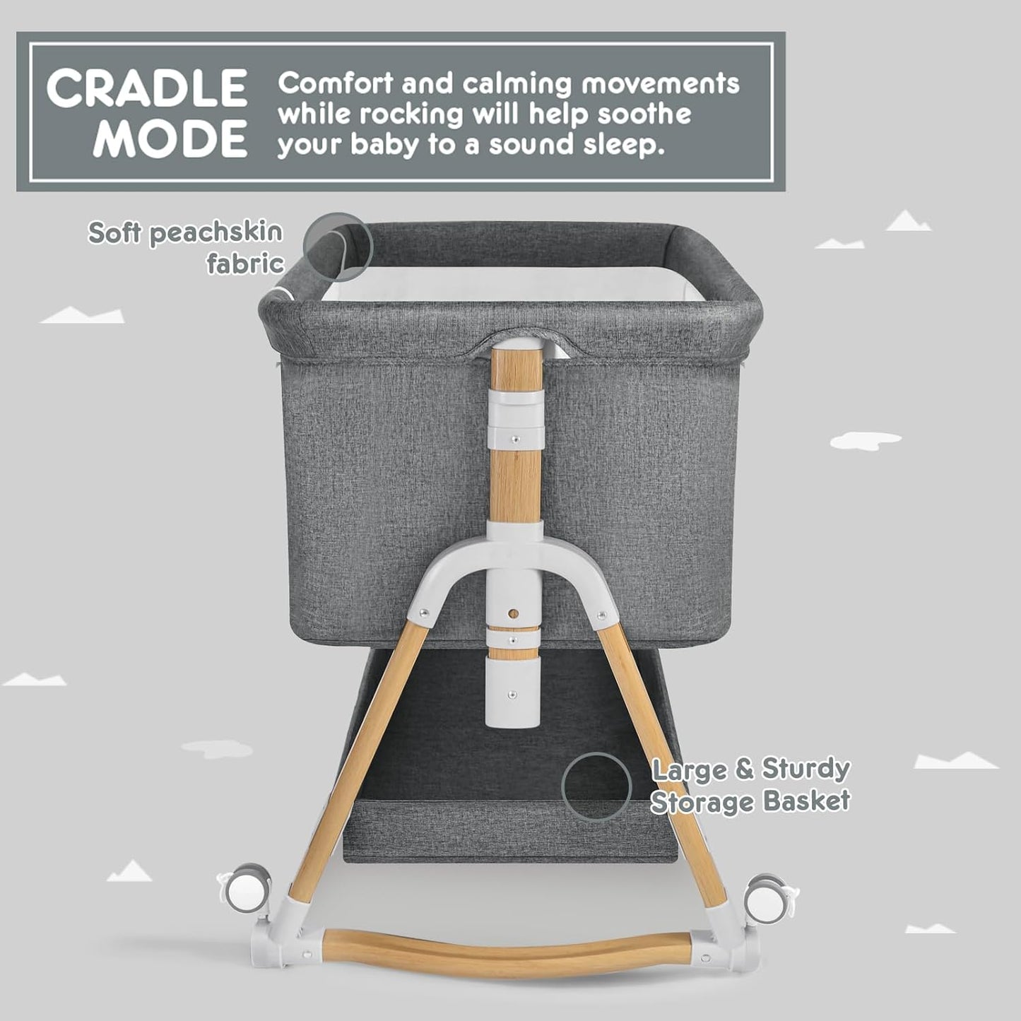 HARPPA Cuddly Bassinet, 3 in 1 Baby Bassinet Bedside Sleeper, Bedside Crib with Mattress and Wheels, Breathable Mesh, 5 Height Adjustable, Anchor Strap (Wood Grain, Grey)