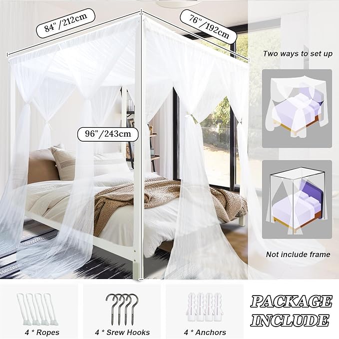 tupi White Canopy Bed Curtains for King/Queen Size Bed, 4 Corner Adult Bed Canopy, Ultra Elegant Bed Curtain Drapes Bedroom Decor, Stylish Polyester Netting Canopy, Easy Installation