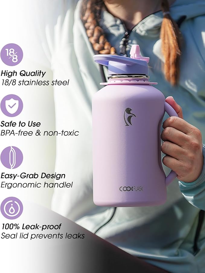 Half Gallon Water Bottle with Straw, Coolflask 64 oz Insulated Stainless Steel Water Jug With Handle Metal Double-Walled Vacuum Large Flask With Strap Leakproof, Keep Cold 48 Hrs Hot 24hrs, Lavender