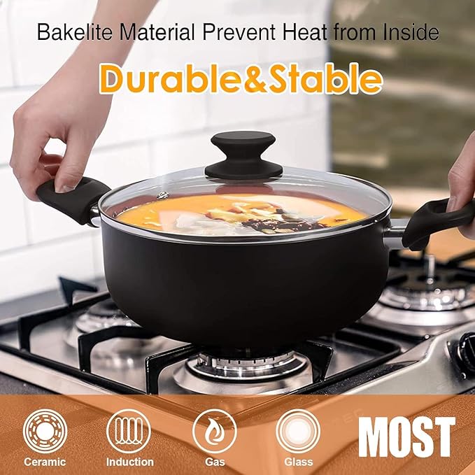 FRUITEAM 10-Piece Black Aluminum Cookware Set with Lids, Includes Soup Pot, Milk Pot and Frying Pans, Induction Gas and Electric Stovetop Compatible