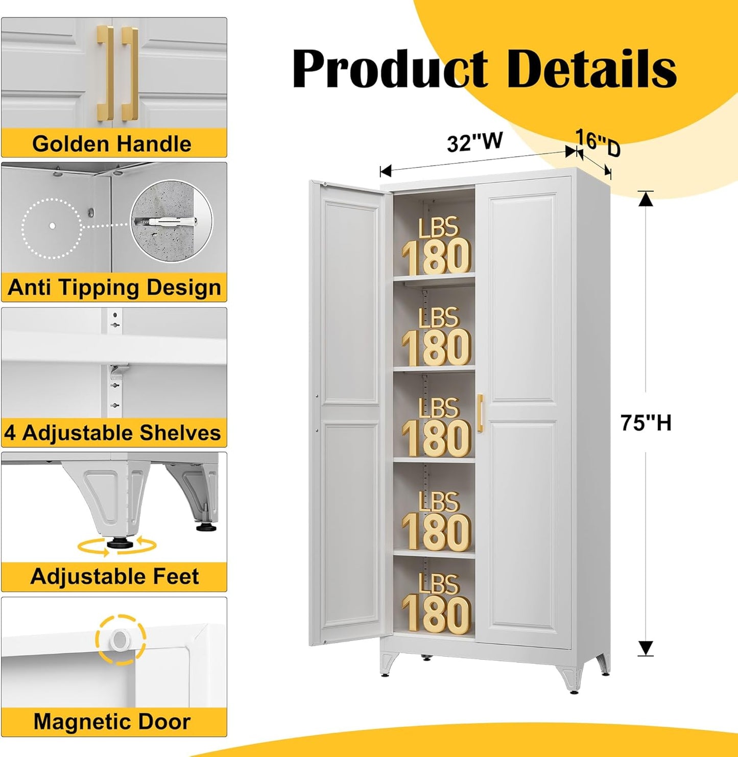 Kitchen Pantry Cabinet,75”White Metal Storage Cabinets with Doors and 4 Adjustable Shelves,Kitchen Cabinet with 2 Gold Handles,Tall Cabinet for Livingroom,Pantry, Bathroom