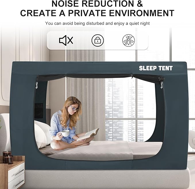 Bed Tent Full Bed Canopy Dream Tents for Indoor Portable Blackout Tents Privacy Space Warm Breathable Sleeping Tents for Kids and Adult(Navy Blue,Mattress Not Included) Reducing Light