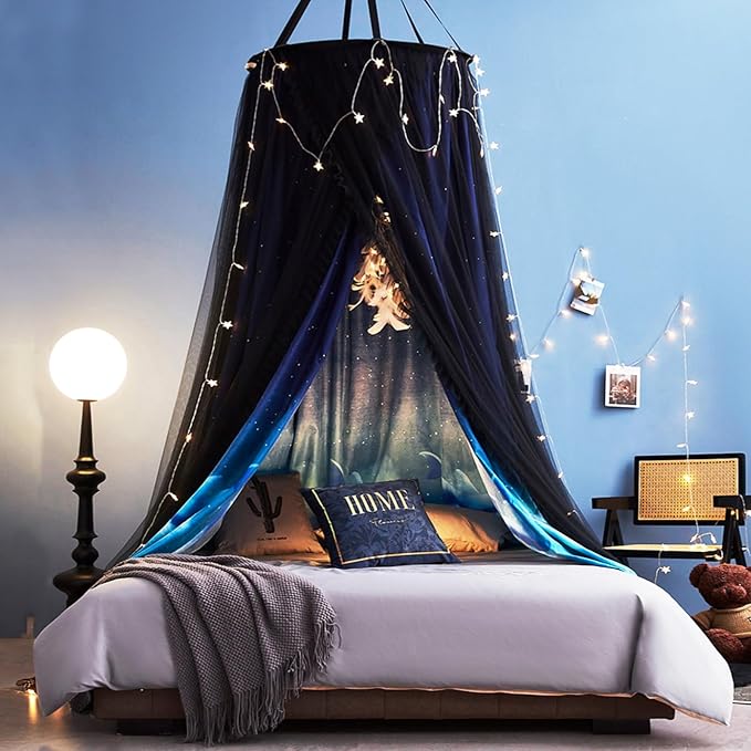 Kertnic Gorgeous Dolphin Printed Bed Canopy for Girls & Adults, Room Decorative Cozy Bed Curtain Canopy Drapes, Round Dome Luxurious Lace Princess Canopies Mosquito Netting (Dolphin)